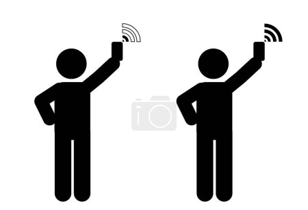 Illustration for Stick figure vector illustration looking for wifi signal, no wifi signal - Royalty Free Image