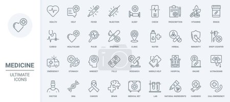 Illustration for Medicine, healthcare thin line icons set vector illustration. Outline hospital equipment, medical care and help by doctor, herbal drugs therapy, pills and vitamins prescription from pharmacy - Royalty Free Image