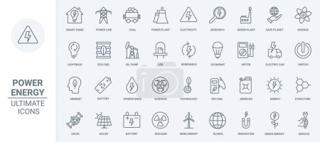 Illustration for Innovation researches in energy and power production thin line icons set vector illustration. Outline solar panel and wind mill, nuclear and water power plant, electric car, eco mindset to save planet - Royalty Free Image