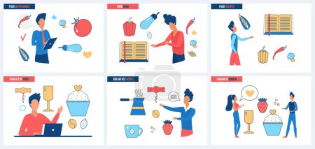 Illustration for Nutritionist program and diet, healthy and unhealthy food, cooking recipes from cookbook set vector illustration. Cartoon tiny people use culinary book to cook breakfast or romantic dinner menu - Royalty Free Image