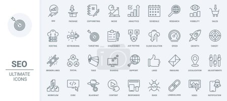Illustration for SEO, business technology thin line icons set vector illustration. Outline social media analytics and internet network, mobile app symbols, copywriting and niche research, likes for content and links - Royalty Free Image