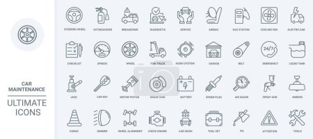 Maintenance and repair car service, auto shop thin line icons set vector illustration. Outline mechanic tools and equipment for automotive diagnostics in garage, tech machine parts and engine