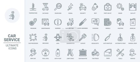 Car service thin line icons set vector illustration. Outline scheduled diagnostics of vehicle and auto repair tools, pictogram of automotive parts, automatic and manual transmission, wheel and tires