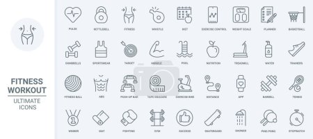Fitness sport workout in gym thin line icons set vector illustration. Outline kettlebell and barbell, dumbbell and treadmill for healthy training, weight control and loss, pulse measuring mobile app