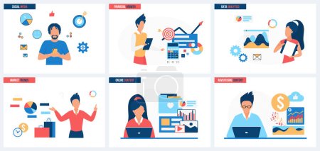 Illustration for Financial growth analytics, advertising market trends and social media marketing, online content development set vector illustration. Cartoon tiny people work with statistic data charts, reports - Royalty Free Image