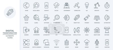 Digital network technology and communication thin line icons set vector illustration. Abstract outline mobile apps for online banking and social media, information storage, industry automation