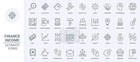 Money income and expenses, global finance thin line icons set vector illustration. Abstract outline cash flow, bank agreement and accounting, wallet savings and security of banking mobile app