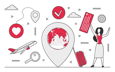 Ilustración de Destino del vuelo. planificación de vacaciones, itinerario de viaje, billetes de avión vector monocolor ilustración - Imagen libre de derechos