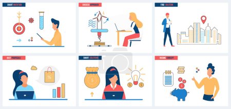 Téléchargez les illustrations : Success of approach to finding solutions and best proposals, smart invention set vector illustration. Cartoon tiny people invest money from piggy bank in development of technology, energy production - en licence libre de droit