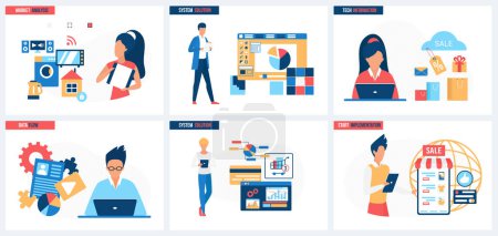 Téléchargez les illustrations : System solutions, data flow for market analysis and technical information set vector illustration. Cartoon tiny people work with digital content, business process gears and dashboards with charts - en licence libre de droit