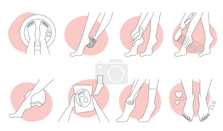 Foot care thin line icons set vector illustration. Outline skincare infographic collection of pedicure spa procedures, girls peel heels with pumice stone or peeling socks, apply depilatory cream
