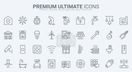 Ilustración de Smart home thin line icons set vector illustration. Outline systems of house to control temperature, energy and remote digital access, symbols of appliances and furniture, security mobile devices - Imagen libre de derechos