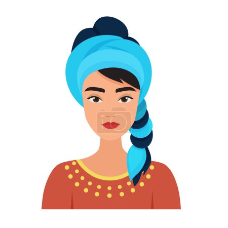 Téléchargez les illustrations : Visage de femme musulmane arabe. Femme islamique dans les coiffures traditionnelles illustration vectorielle de bande dessinée - en licence libre de droit