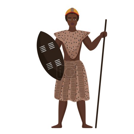 Ilustración de African tribal warrior man. Brave ethnic hunter, africa culture and traditions vector cartoon illustration - Imagen libre de derechos