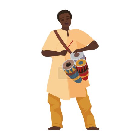 Téléchargez les illustrations : Un Africain à la batterie. Afrique musique traditionnelle et danse fête vecteur dessin animé illustration - en licence libre de droit