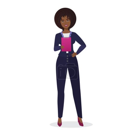 Ilustración de African business woman holds report. Financial business female manager vector cartoon illustration - Imagen libre de derechos