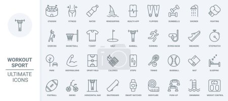 Téléchargez les illustrations : Sports workout thin line icons set vector illustration. Outline calculator of calories and fitness exercises for weight control, running and bodybuilding of athlete in gym and stadium, diving - en licence libre de droit