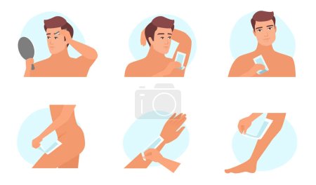 Téléchargez les illustrations : Hair removal methods of epilation with wax strips set vector illustration. Cartoon male models remove unwanted hair in different parts of body and face, guy using depilation procedure to care skin - en licence libre de droit