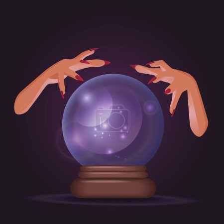 Hands of witch fortune teller hands holding a crystal ball with a magic full moon and stars inside, predicting the future through astrology and witchcraft against a dark background.