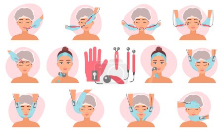 Microcurrent facial treatment set vector illustration. Cartoon aesthetic therapy in cosmetology and cosmetic procedures, massage for face with devices and micro current electrodes in spa beauty salon