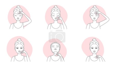 Illustration for Gua sha massage, infographic line icons vector illustration. Hand drawn outline girls massage skin of face and neck with with jade or quartz stone massager, holding gua sha tool to draw along lines - Royalty Free Image
