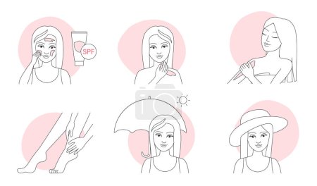 Illustration for Application of sunscreen, skincare instructions thin line icons set vector illustration. Outline girls apply sunblock cream or lotion on skin of face and body, female characters use umbrella and hat - Royalty Free Image