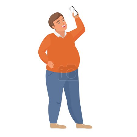 Illustration for Chubby boy using smartphone. Fat man with mobile, obese people vector cartoon illustration - Royalty Free Image