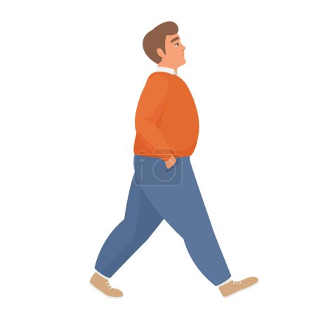Ilustración de Caminando gordito. Hombre regordete va a dar un paseo, la gente obesa vector ilustración de dibujos animados - Imagen libre de derechos