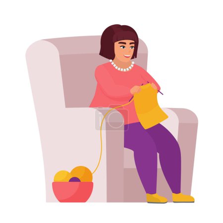 Illustration for Fat woman knitting in armchair. Obese female sitting in armchair vector cartoon illustration - Royalty Free Image