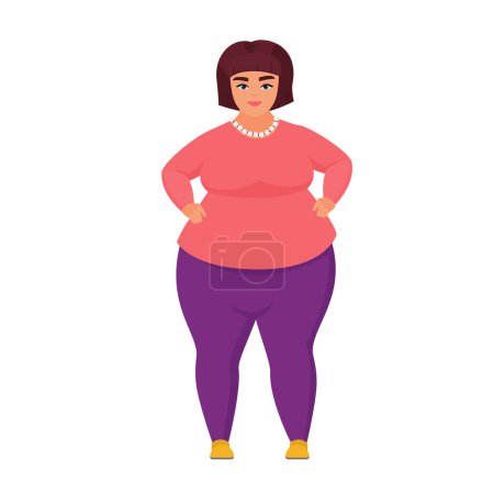Illustration for Serious fat woman with hands on hips. Confident position of obese girl vector cartoon illustration - Royalty Free Image