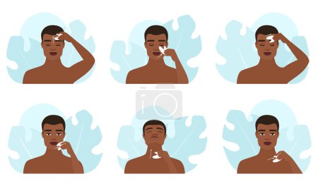 Ilustración de Gua sha masaje facial, ilustración vectorial conjunto infografía. Dibujos animados de piel oscura masculina masajeando la piel de la cara y el cuello, chicos jóvenes sosteniendo masajeadores de piedra de jade guasha para levantar y drenaje linfático - Imagen libre de derechos