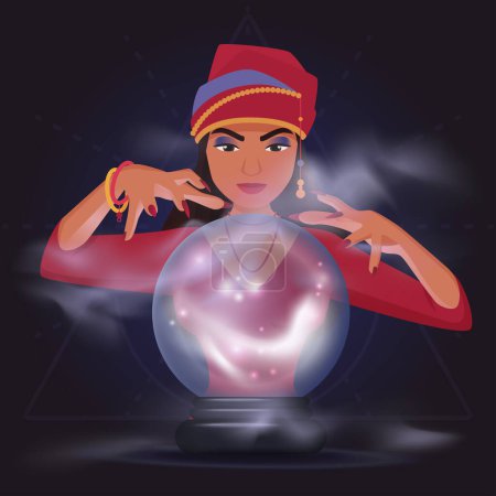 Illustration for Gypsy fortune teller with magic crystal ball vector illustration. Cartoon girl oracle character telling of destiny and fate from magicians orb with aura and smoke light effect on dark background - Royalty Free Image