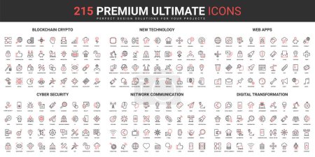 Illustration for Blockchain crypto, new technology, web apps, cyber security, network communication, digital transformation thin line red black icons set vector illustration. Simple design for mobile and web apps. - Royalty Free Image