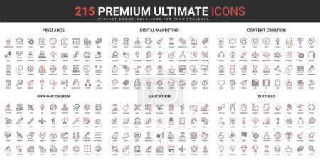 Illustration for Marketing strategy success, business and design thin line red blac icons set vector illustration. Abstract symbols of creative content creation, education, freelance simple design mobile and web apps - Royalty Free Image