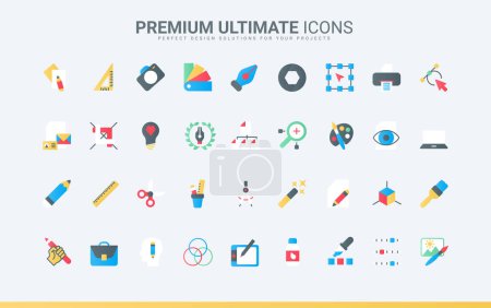 Illustration for Tools for creative projects of designer, software and stationery for interface panel in mobile app, pack for creators portfolio. Graphic design trendy flat icons set vector illustration - Royalty Free Image