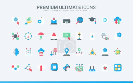 Illustration for Information technology trendy flat icons set vector illustration. Internet network system and computer database symbols, big data analysis and protection, exchange and download, support center - Royalty Free Image