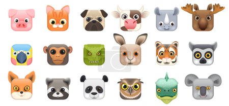 Cute animal and bird faces set, icons of square shape vector illustration. Cartoon isolated funny heads of forest and farm characters, mobile buttons and kawaii stickers collection for childs games