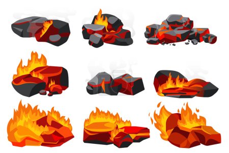 Illustration for Burning coal with fire set vector illustration. Cartoon isolated black charcoal pieces and hot lump burn in fireplace with flame and smoke, glowing embers and flaming orange stones from grill oven - Royalty Free Image