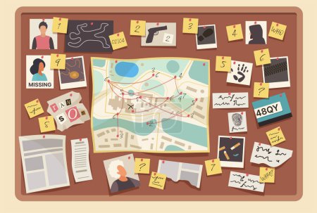 Illustration for Detective pinboard with evidences vector illustration. Cartoon information board on wall of police office with victim photo and pictures, paper map and red string, evidences to investigate murder - Royalty Free Image