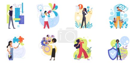 Illustration for MBTI, mindset types of people set vector illustration. Cartoon isolated gifted female and male characters with different mind behavior and thought, science logic and creative talent, artists thinking - Royalty Free Image