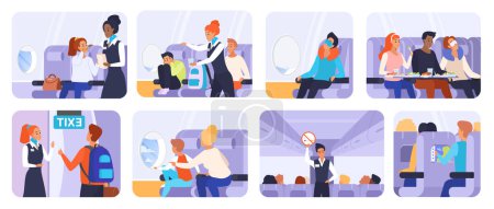 Representación de pasajeros que viajan en avión. Escenas de dibujos animados aislados dentro de la cabina del avión, mostrando a la gente sentada, azafata y tripulación que proporciona servicio e instrucciones de la aerolínea vector ilustración