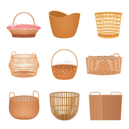 Illustration for Wicker basket set vector illustration. Cartoon isolated retro craft basketry collection with brown hampers for fruit and flowers, empty round and square wooden containers for picnic and camping - Royalty Free Image
