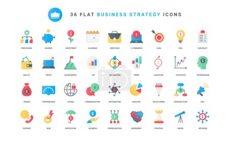 Budget distribution and commerce support, vision and analysis of trends and KPI, marketing sales funnel and investment protection. Business strategy trendy flat icons set vector illustration