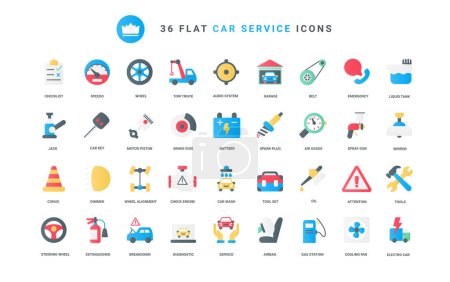 Car service trendy flat color icons set vector illustration, scheduled diagnostics of vehicle and auto repair tools, pictogram of automotive parts, automatic, manual transmission, wheel, tires.