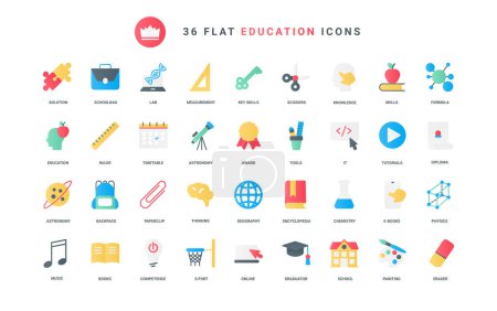 Illustration for School and university knowledge and skills, diploma of graduate student, sport science, research with laboratory microscope. Education, scholarship trendy flat icons set vector illustration - Royalty Free Image