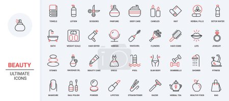 Illustration for Red black thin line icons set for beauty cosmetics and skin care, including makeup, natural herbal lotion cream, healthy massage, candle spa relax for body health, salon therapy vector illustration. - Royalty Free Image