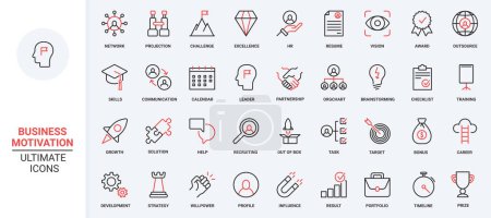 Illustration for Red black thin line icons set for business challenge and motivation for career growth, professional ambitions and risks, success leadership and launch finance projects vector illustration. - Royalty Free Image