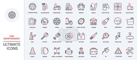 Workshop garage equipment, mechanic tools to repair engine, change tires, road safety sign, and emergency call vector illustration. Trendy red black thin line icons for car maintenance service.