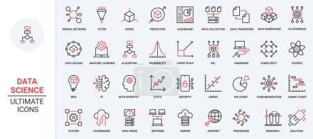 Illustration for Data report and science model research, deep analysis with AI trendy red black thin line icons set vector illustration. Machine learning, probability calculation, algorithms and system prediction. - Royalty Free Image