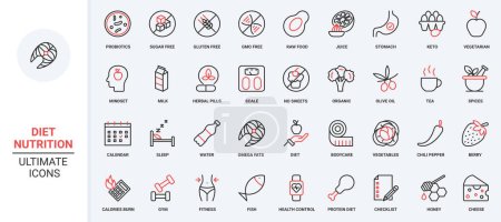 Illustration for Nutrition trendy red black thin line icons set vector illustration. Diet sport in gym to slim, balance detox with water, healthy menu without sugar, GMO and gluten free, fresh vegetarian vitamin food. - Royalty Free Image